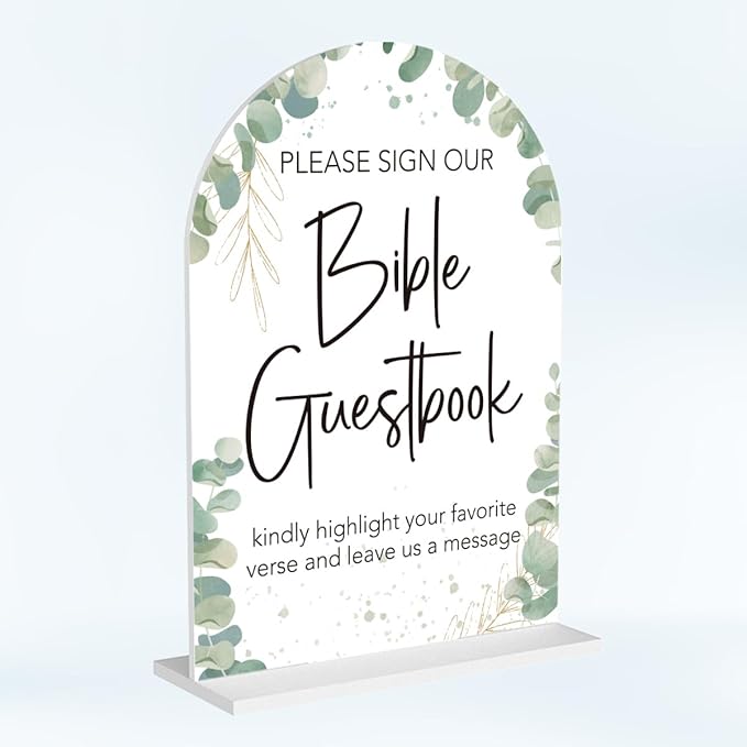 Boho Wedding Bible Guest Book Sign Our Bible Wedding Sign Acrylic Arch Wedding Bridal Baby Shower Welcome Table Signs for Ceremony and Reception Decor 7 x 5 Inches