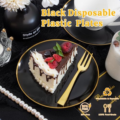 festiva 400pcs black gold dessert plates 6.3" with, side view