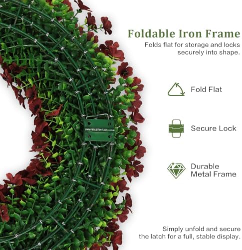 24" burgundy artificial floral wreath for front door, side view