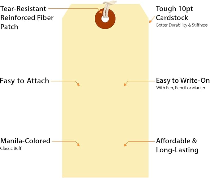SmartSign Blank Shipping Tags with Pre-Attached Loop Strings, Size-6, Pack of 1000, 10pt Thick Manila Cardstock Tag, 5.25 x 2.625 inch Paper Hang Tags with Reinforced Fiber Patch