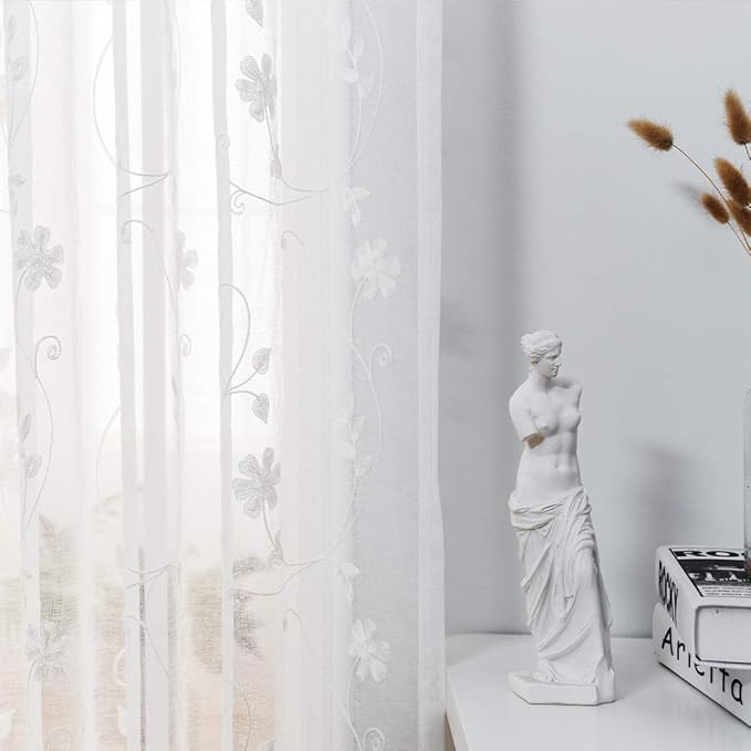 MYSTIC-HOME Embroidery White Sheer Curtains 84 Inches Long, Rod Pocket Sheer Drapes for Living Room, Bedroom, 2 Panels, 52"x84", Semi Crinkle Voile Window Treatments for Yard, Patio, Villa, Parlor.