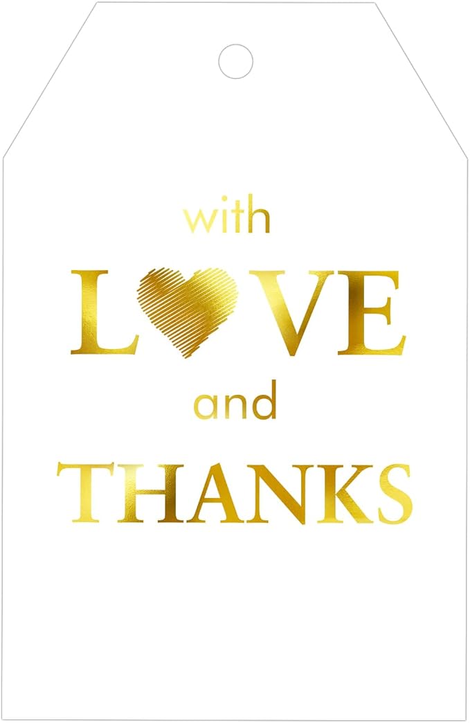 joycraft 50PCS Gold Foil Thank You Tags with String – White Gift Wrapping Hangtags, Paper Hang Tags for Wedding, Baby Shower, for Guests, Favor Hangtags
