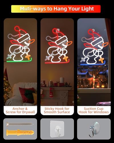 christmas snowman neon sign, skiing snowman led neon, side view