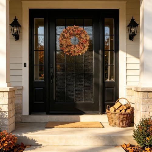 20" fall wreath for front door, artificial maple showing dimensions