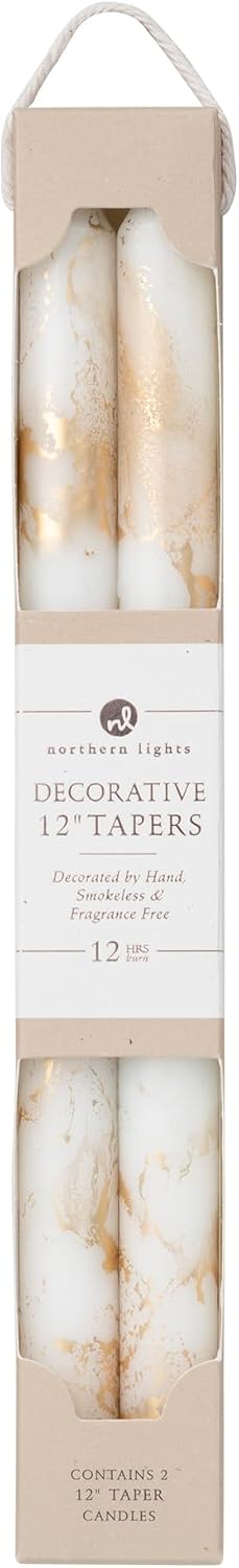 Premium Decorative Tapers - 12" 2PK - Pure White w/Gold - 73307