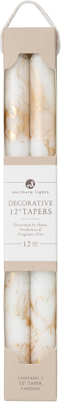Premium Decorative Tapers - 12" 2PK - Pure White w/Gold - 73307