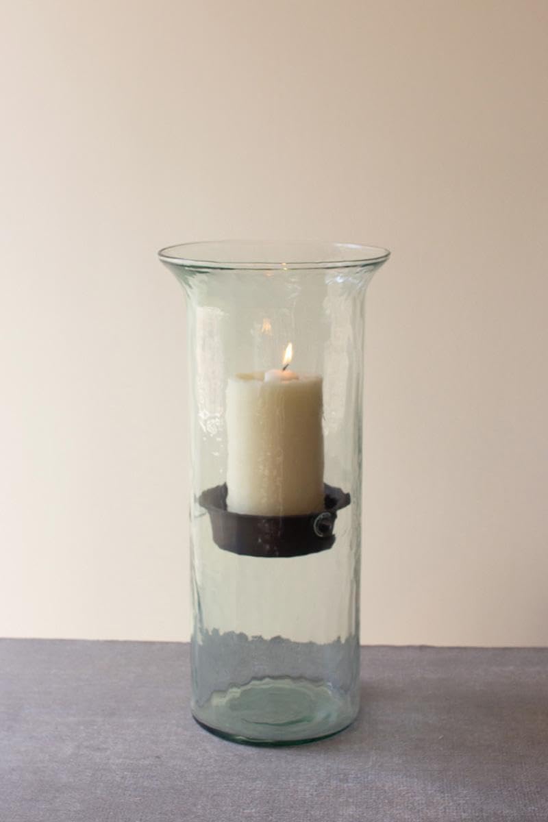 Glass Hurricane Pillar Candle Holder with Rustic Metal Insert, Perfect as a Centerpiece (Large)