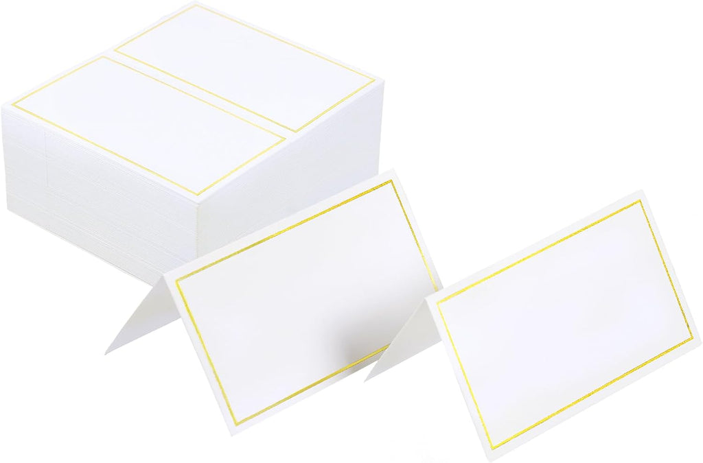 120 Pcs Place Cards for Table Setting - Folded Name Cards 2 x 3.5 Inch | Placecards with Gold Foil Border - Easy to Write Without Bleeding or Smearing - for Dinner Party, Weddings, Events