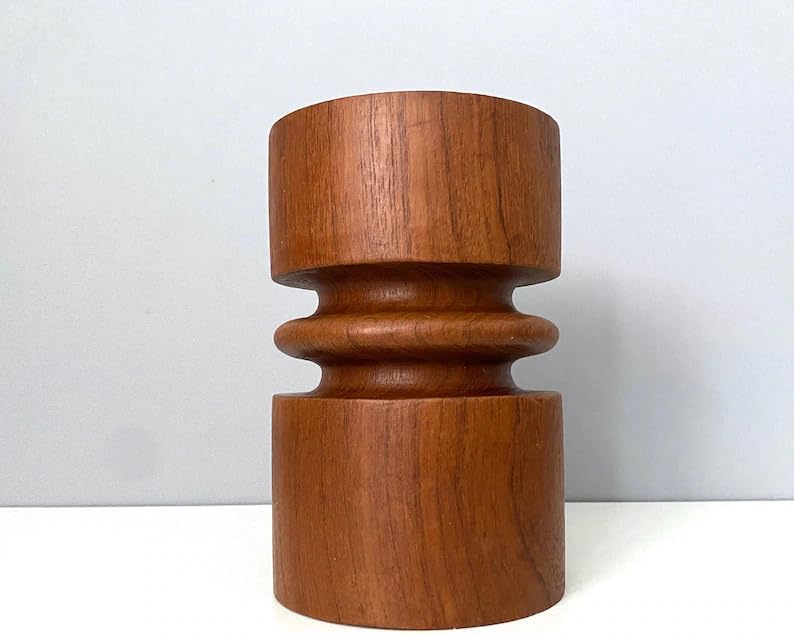 Mid-Century Modern Wooden Vase, Minimalist Sculptural Flower Holder, Natural Brown Wood Decorative Vase for Living Room Tabletop Bedroom Office, Handcrafted Round Vase