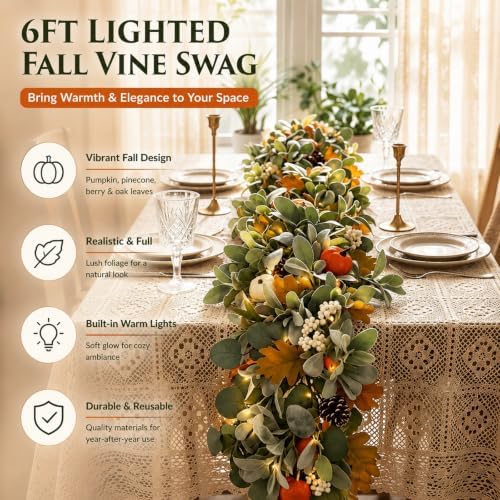 6ft fall garland with lights for autumn mantel, side view