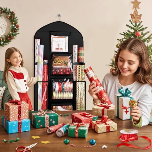 hanging wrapping paper organizer storage, over door gift on a desk or shelf