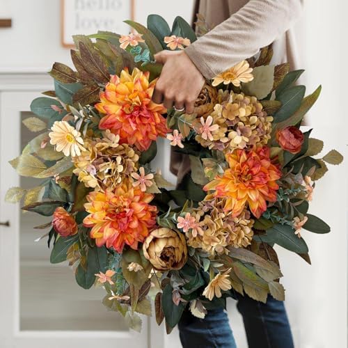 wanna-cul 24in fall front door wreath dahlia hydrangea, close-up detail