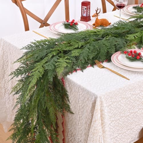9ft realistic christmas cedar garland with lights, faux, side view