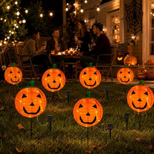 solar halloween pumpkin stake light with 8 lighting, front angle view