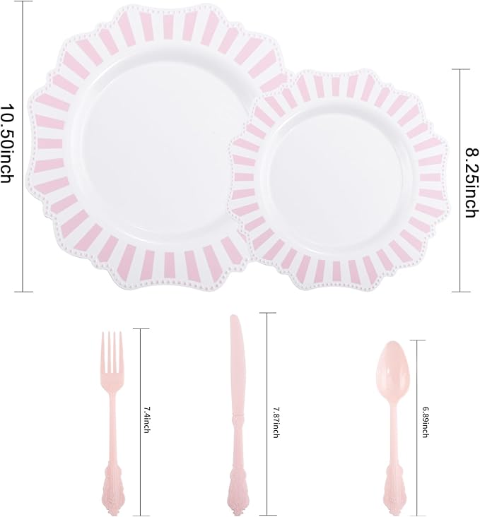 COLOSUS 150pcs Disposable Pink and White Stripped Plastic Plates and Silverware set, Light Pink Dinner/Dessert Plates silverware serve 30guests for Easter day, Wedding Party and Daily use.