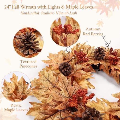 24in pre-lit fall wreaths for front door with, close-up detail