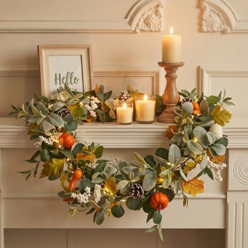 6ft fall garland with lights for autumn mantel, close-up detail