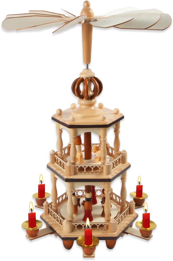 17 Inches Christmas Wooden Pyramid with 6 Candle Holders- Nativity Scene Set-Under The Christmas Tree - Table Top Holiday Decor - 3 Tiers Carousel (Two)