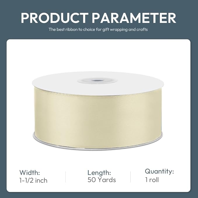 KMER LIFE 1-1/2" Wide x 50 Yards Ivory Single Faced Polyester Satin Ribbon for Wedding Decor, Wreath, Crafts, Gift Wrapping & Other Projects