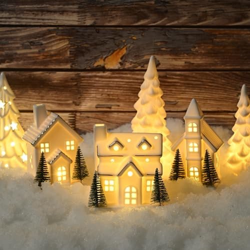 ceramic white christmas village houses, light up porcelain shown in use