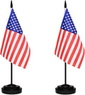 US American Deluxe Desk Table Flag Set Small Mini Miniature USA Table Desktop Flags With Solid Pole, Black Base and Spear Top(2 Pack)