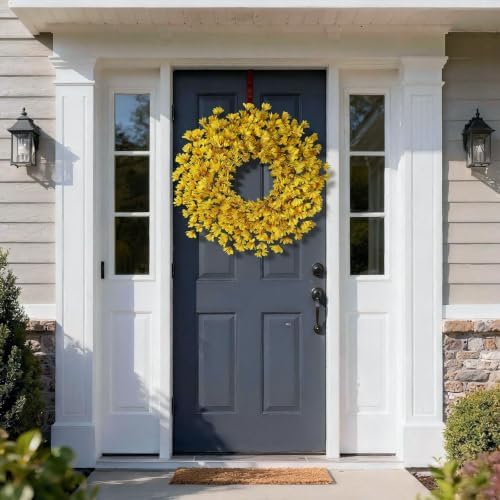 24" artificial yellow forsythia flower wreath for front on a desk or shelf