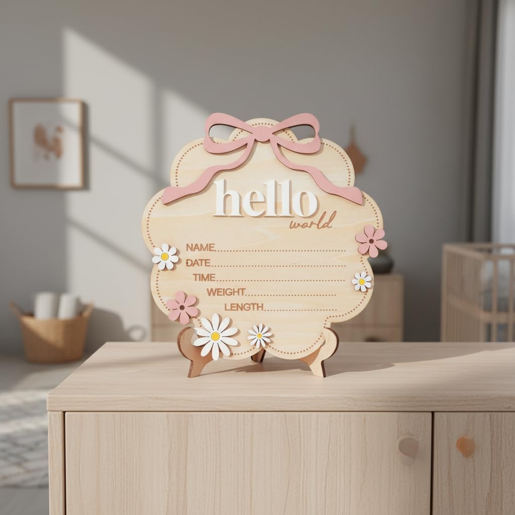 Hello World Wooden Baby Birth Announcement Sign with Pink Bow, Cloud Shape Floral Newborn Name Date Time Weight Length Board, Baby Girl Nursery Photo Prop (Light Pink)