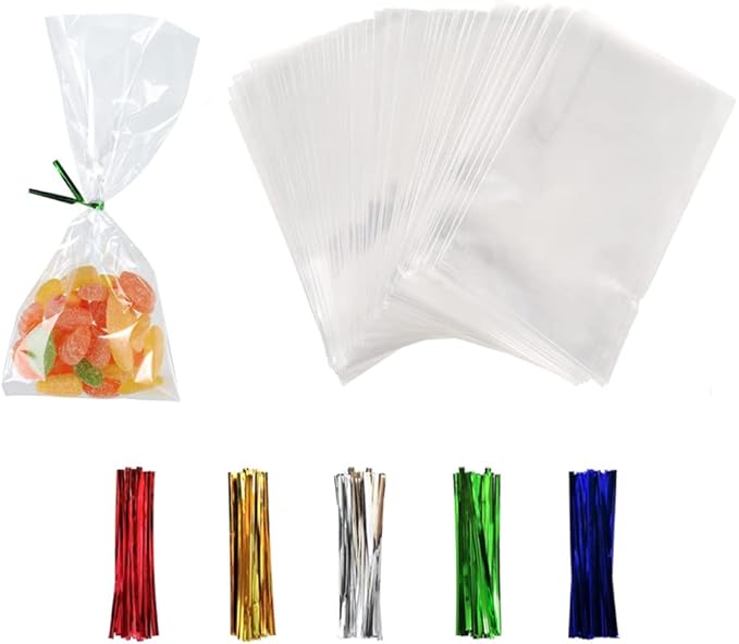 XLSFPY 100PCS Clear Cellophane Treat Bags with 100PCS Twist Ties, 3x4 OPP Rice Crispy Bags for Gift Goodie Favor Candy Cake Pop Birthday Party Cookies Christmas New Year Wedding Party (3'' x 4'')