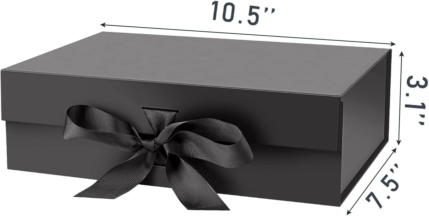 DaiJoob Gift Box with Lid for Presents 10.5x7.5x3.1 Inches with Ribbon and Magnetic Closure(1-Pack) (Black)