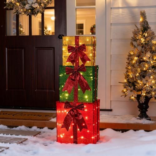 glitzhome lighted outdoor christmas decor, 40" animated stacked, close-up detail