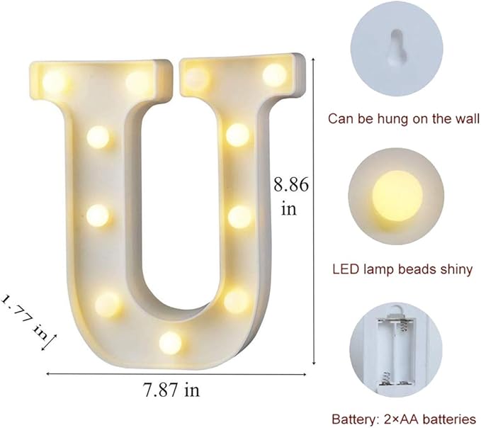 MUMUXI Marquee Light Up Letters | Large Light Up Numbers | Battery Powered and Bright with Every Letter of The Alphabet | for Wedding, Birthday, Party, Celebration, Christmas or Home Decoration (U)