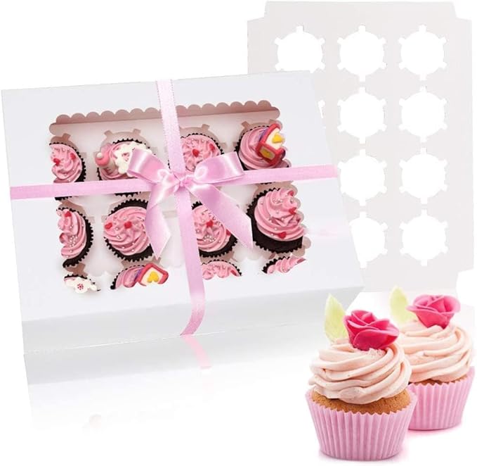 Rarapop 25 Pack Cupcake Boxes Hold 12 Standard Cupcakes, Food Grade Cupcake Holders Bakery Carrier Boxes with Windows and Inserts for Cupcakes, Muffins and Pastries
