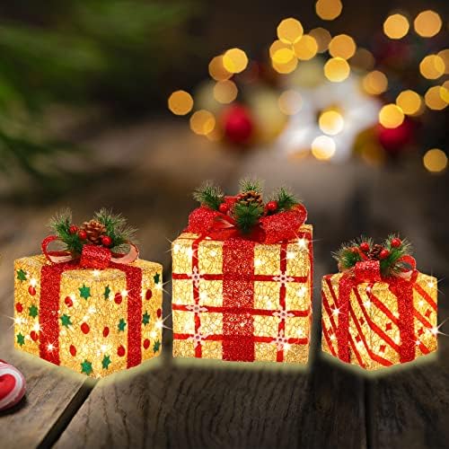 [large 9.5"x8"x6.5" christmas set of 3 lighted gift, side view