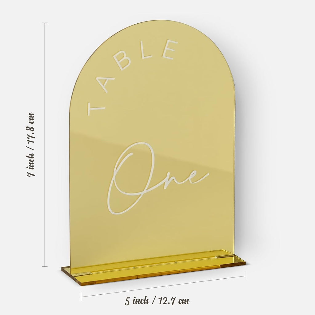 Gold Mirror Arched Wedding Table Numbers 1-10 with Stands, 5x7 Inch Acrylic Arch Sign with Holder, Gold Arch Acrylic Table Numbers for Wedding Reception