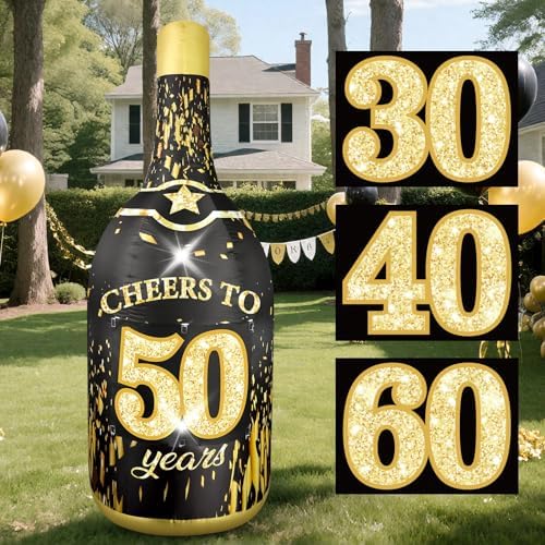 6ft 50th birthday inflatable outdoor champagne bottle decorations shown in use
