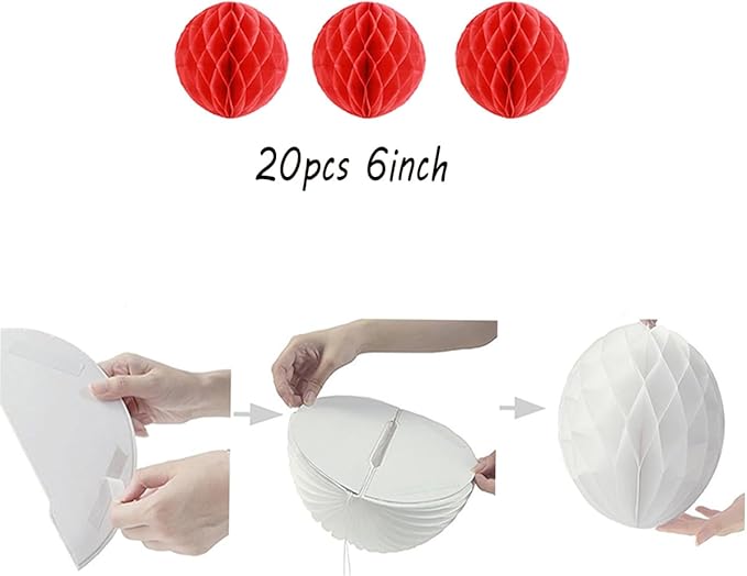 20pcs Honeycomb Flower Balls - Red Tissue Paper Decoration for Birthday, Wedding & Home (6inch)