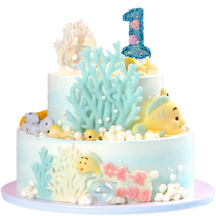 Blue Number Candle,Shell Sequins Number Candles for Birthday Cakes Mermaid Themed Party Supplies Number 4 Candle