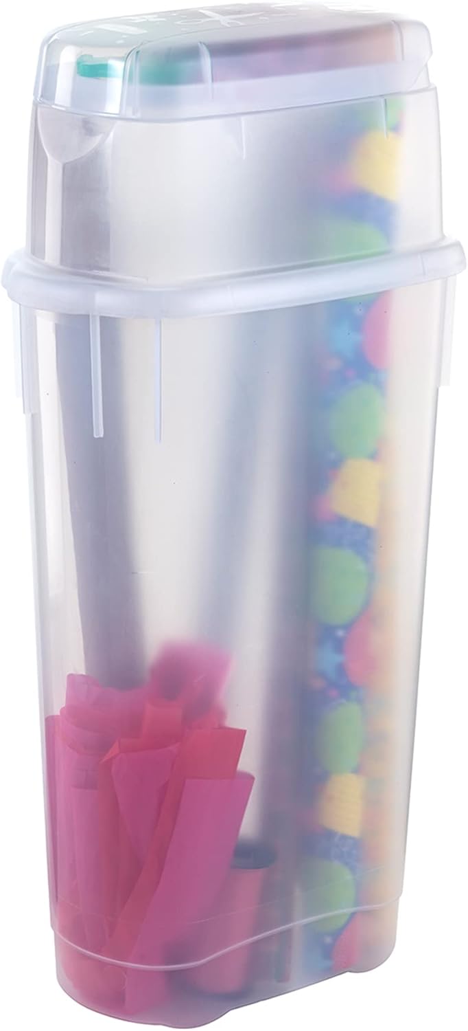 Rubbermaid Wrap N' Craft Plastic Wrapping Paper Organizer Storage Container with Top Ornament Storage Compartment for 20 Standard 30 Inch Rolls, Clear