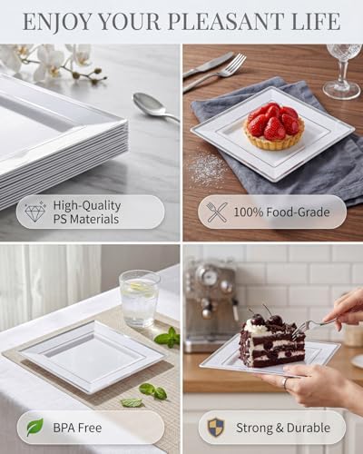 bucla 100pcs white and silver square plastic plates, package contents