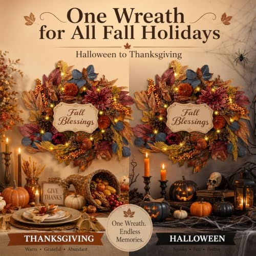 22 inch fall wreath for front door, artificial showing dimensions
