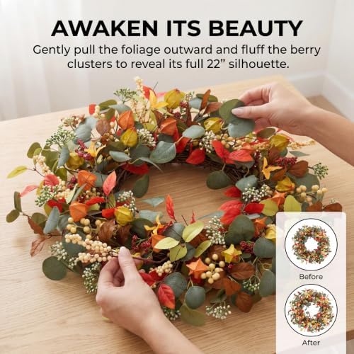 fall eucalyptus lantern pods wreath 22 inch front on a desk or shelf