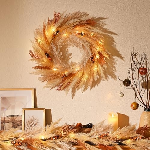 decorbyhannah 24'' neutral fall pampas wreath with lights, package contents
