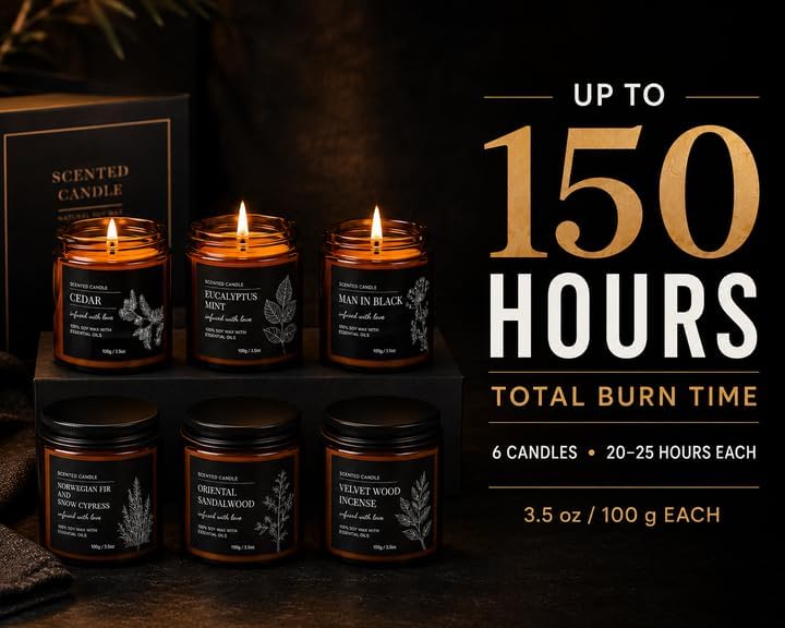 Scented Candles for Men, 6 Pack Soy Candle Gift Set, 150 Hour Burn Time, Sandalwood Cedar Aromatherapy Candles Gifts for Birthday Christmas for Men Dad Husband Boyfriend