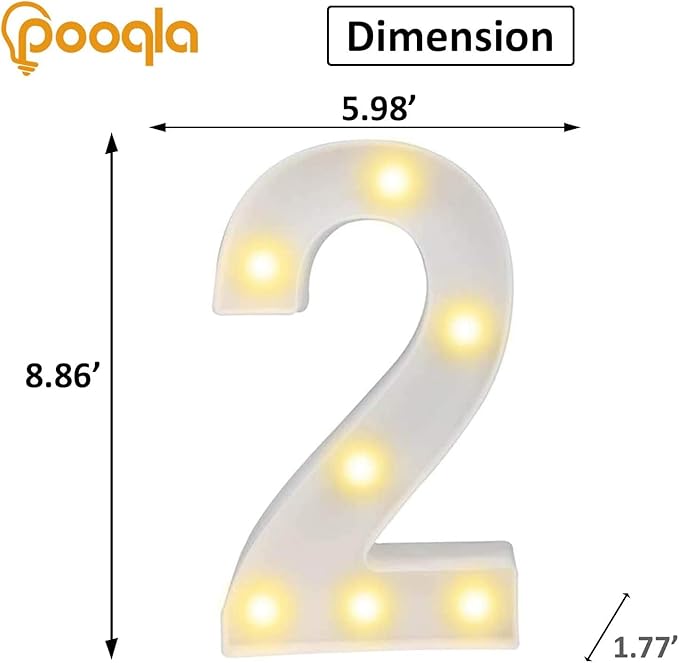 Pooqla LED Light Up Numbers, Warm White and Cool White Decorative Lighted Marquee Numbers, Light Up Numbers for Boys Girls Party, Wedding, Bar, Night Light, Room Decor, Birthday Decoration, Number 2