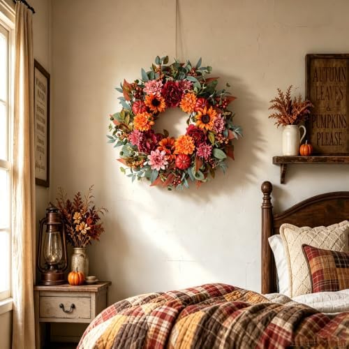 24" fall flower wreath with sunflowers peony pumpkins, side view