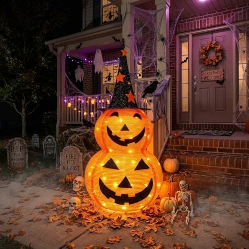 Cute Halloween Collapsible Pumpkin Decorations, 3ft Light Up Pumpkins for Dec...