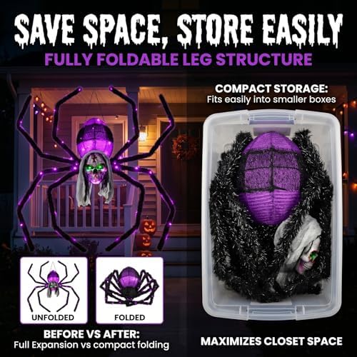 52" halloween giant skull face spider, lighted outdoor showing dimensions