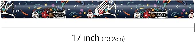 LeZakaa Day of the Dead Wrapping Paper Roll, Colorful Skeleton Dogs Cats with Flowers Music Notes Design in Navy Blue, Día de Muertos Gift Wrap for Friends, Family, Kids, Mini Roll 17 in x 16.4 Ft