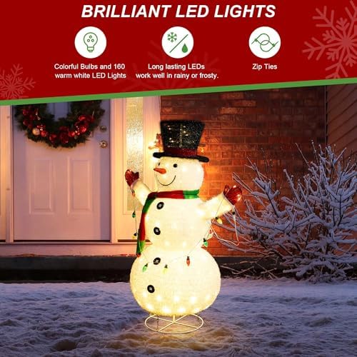 glitzhome 4ft lighted pop-up christmas snowman, large pre-lit, front angle view