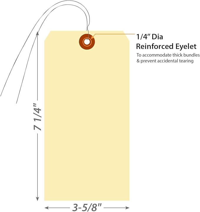 SmartSign Blank Manila Shipping Tags with Wire, Size-10, Pack of 100, 15pt Thick Prewired Cardstock Tag, 7.25 x 3.625 inch Paper Hang Tags with Reinforced Fiber Patch